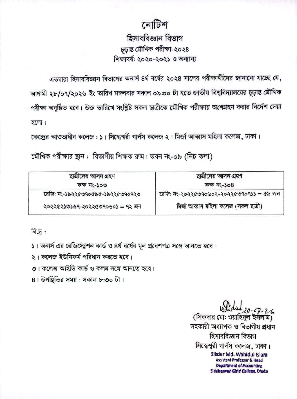 হিসাববিজ্ঞান বিভাগ চূড়ান্ত মৌখিক পরীক্ষা ২০২৪ (শিক্ষাবর্ষ: ২০২০-২০২১)